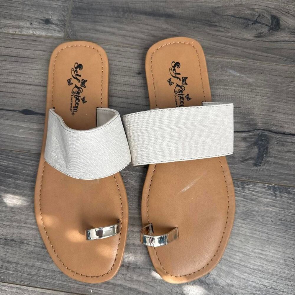 Self Esteem Womens White Gold Toe Ring Flat Slide Sandals Size 7